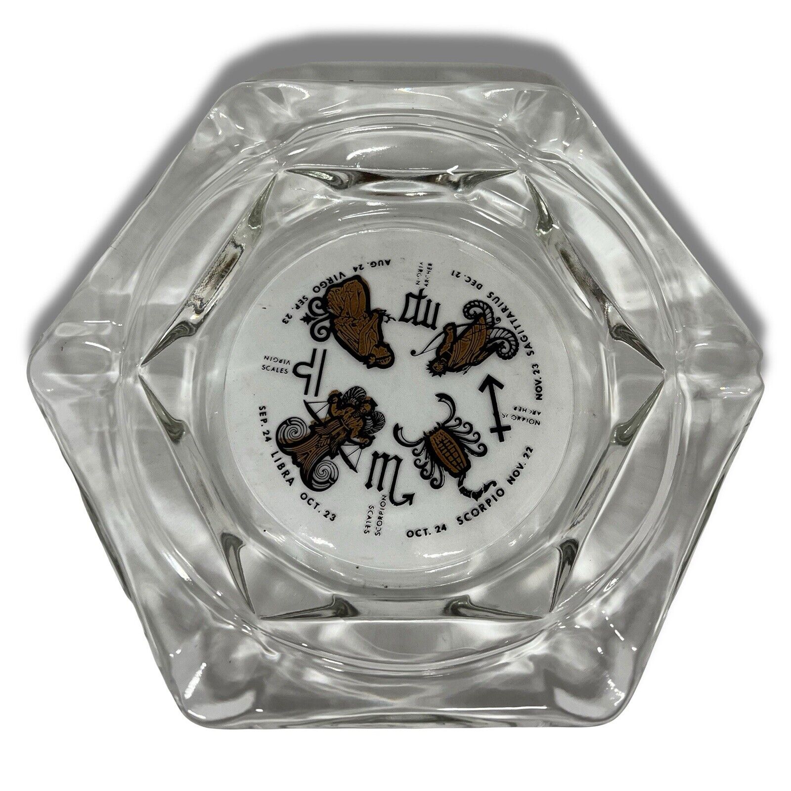 Vintage Horoscope Clear Glass Ash Tray Smoking Solid Large Clean Gold Inlay - thriftgoblin