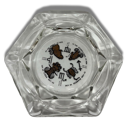 Vintage Horoscope Clear Glass Ash Tray Smoking Solid Large Clean Gold Inlay - thriftgoblin