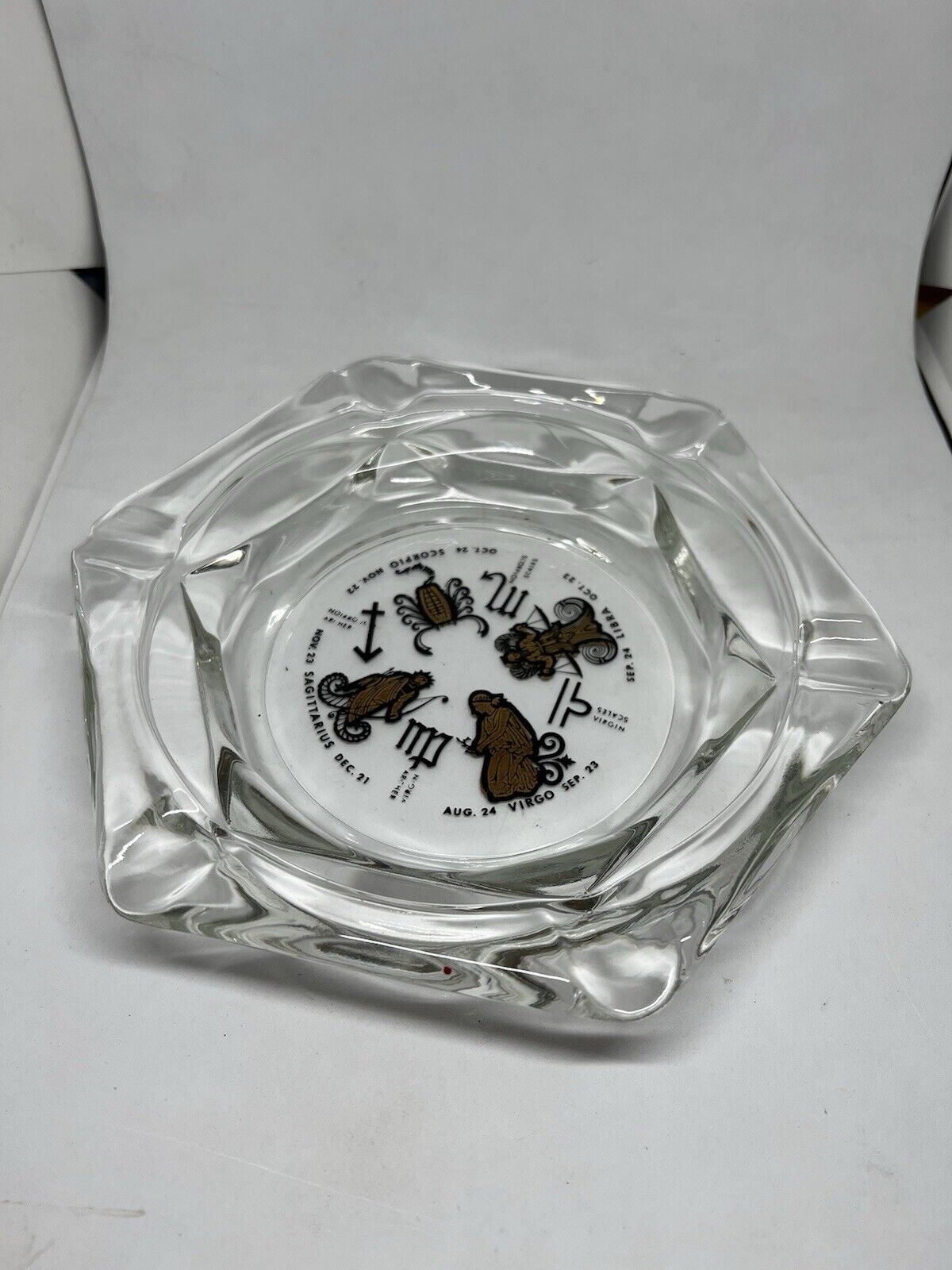 Vintage Horoscope Clear Glass Ash Tray Smoking Solid Large Clean Gold Inlay - thriftgoblin