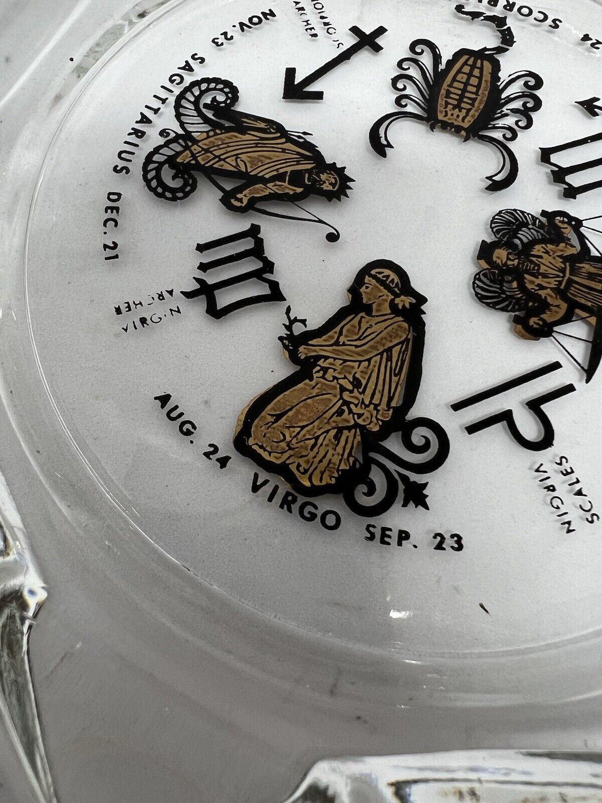 Vintage Horoscope Clear Glass Ash Tray Smoking Solid Large Clean Gold Inlay - thriftgoblin