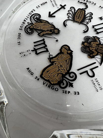 Vintage Horoscope Clear Glass Ash Tray Smoking Solid Large Clean Gold Inlay - thriftgoblin