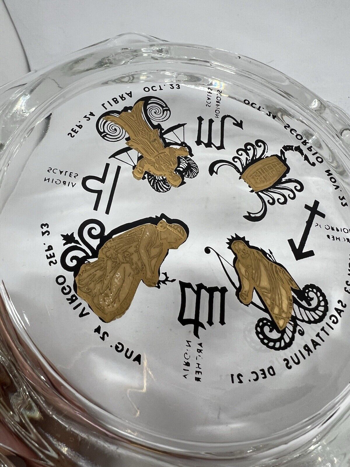 Vintage Horoscope Clear Glass Ash Tray Smoking Solid Large Clean Gold Inlay - thriftgoblin