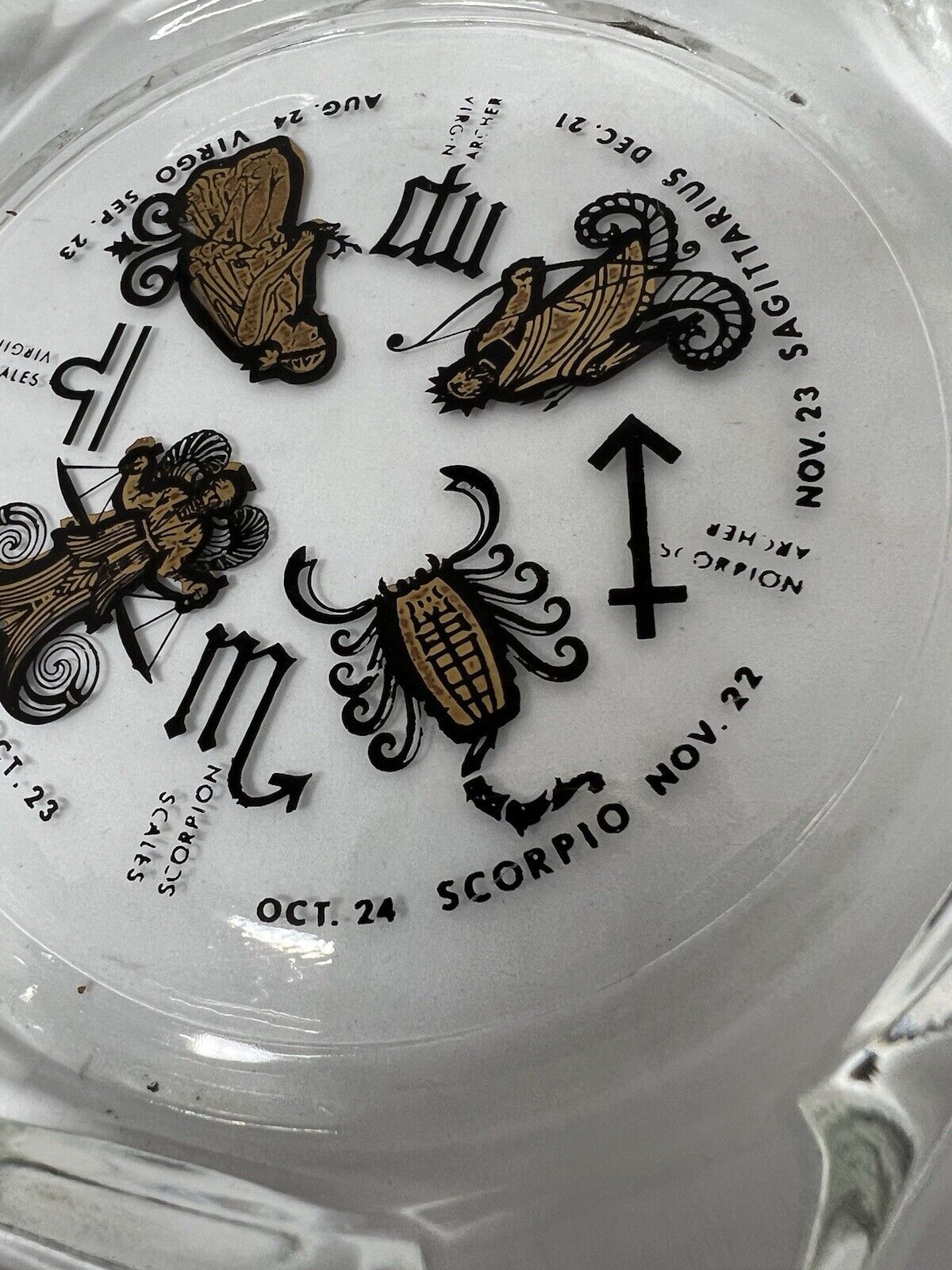 Vintage Horoscope Clear Glass Ash Tray Smoking Solid Large Clean Gold Inlay - thriftgoblin
