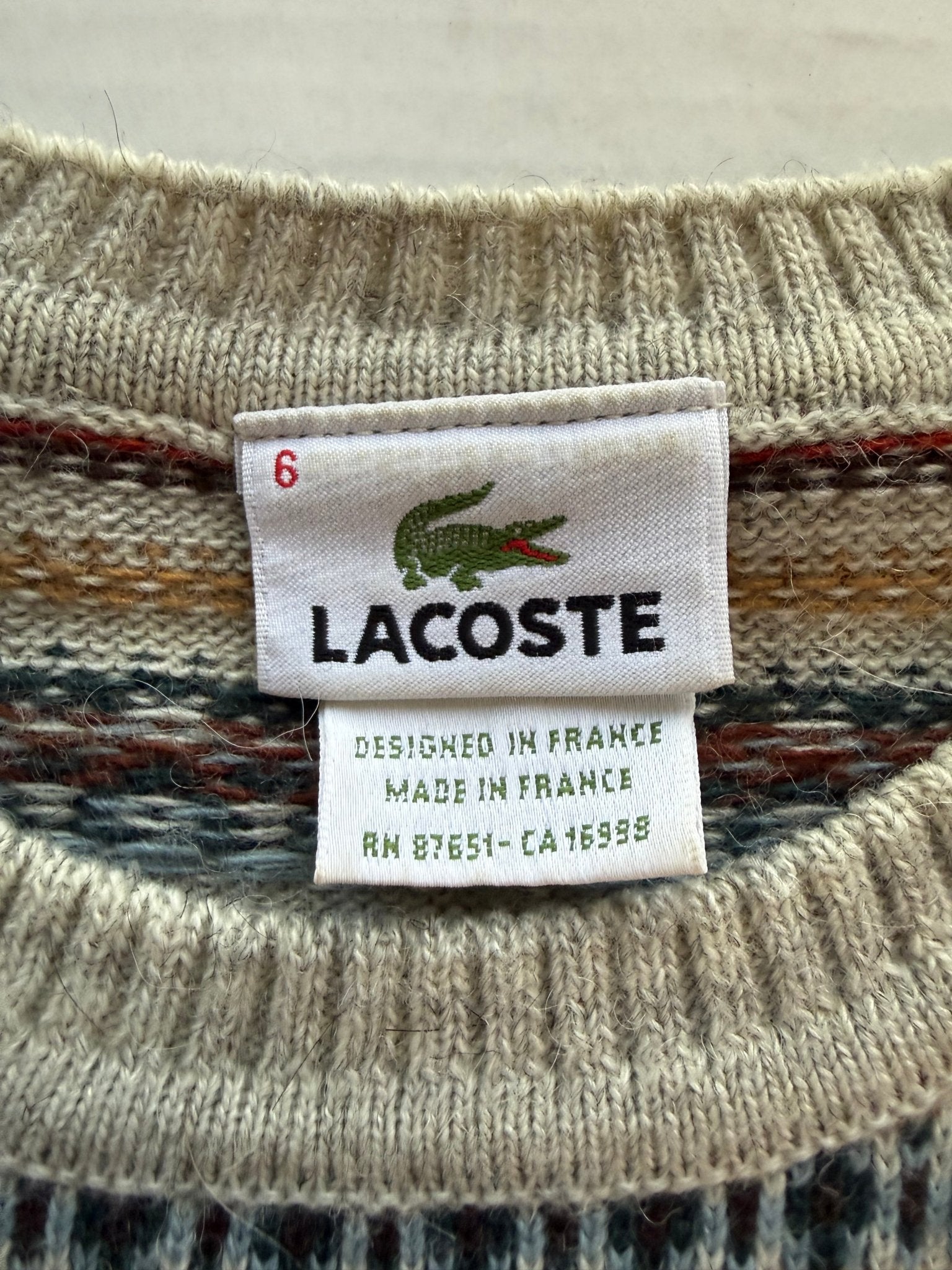 Vintage Lacoste Fair Isle Knit Sweater Made in France Size 6 Croc Embroidered - thriftgoblinTops