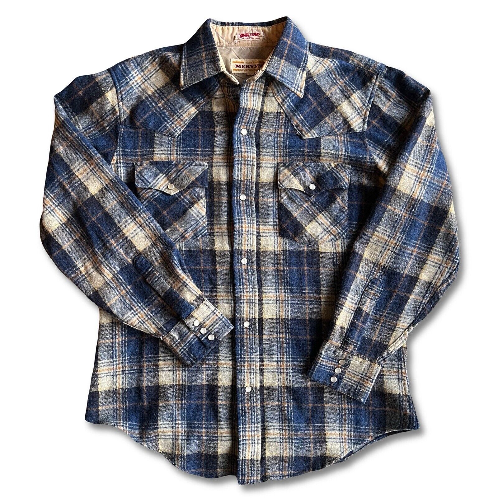 Vintage Mervyn’s Collection Wool Blend Plaid Flannel Blue Khaki Men’s Medium - thriftgoblin