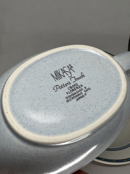 Vintage Mikasa Potters Touch Florenza Gravy Pitcher w/Underplate Blue Speckle - thriftgoblin