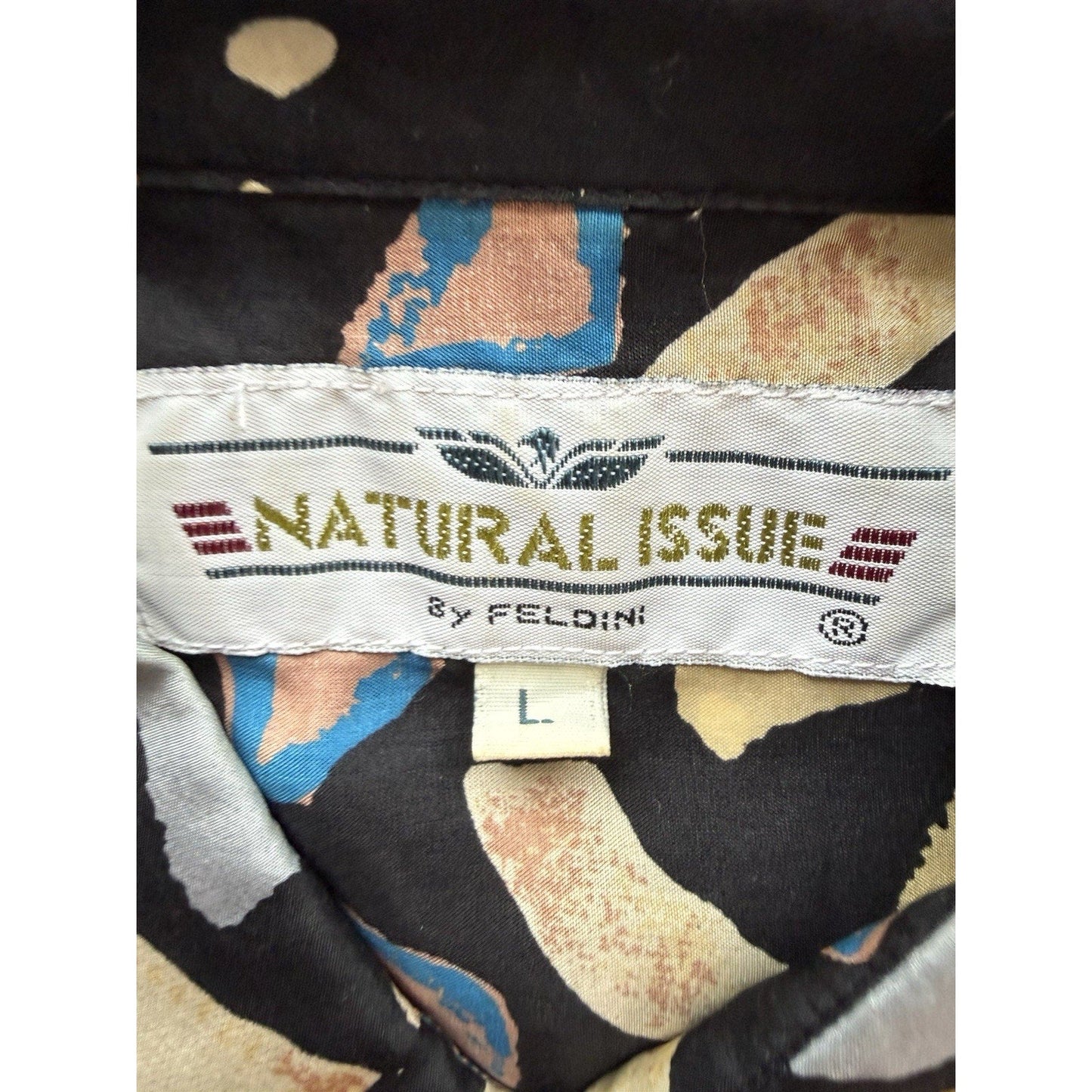 Vintage Natural Issue by Feldini Silk Geometric Print Shirt Men’s Large Black - thriftgoblin