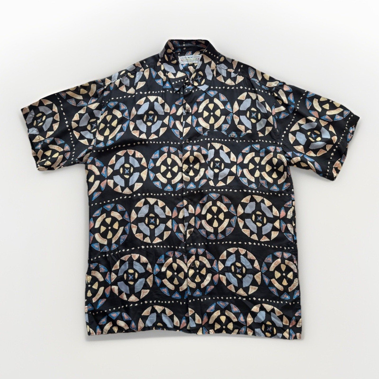 Vintage Natural Issue by Feldini Silk Geometric Print Shirt Men’s Large Black - thriftgoblin
