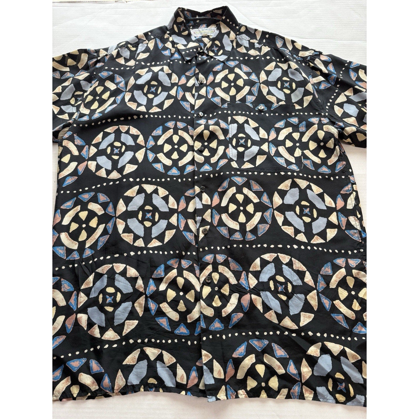 Vintage Natural Issue by Feldini Silk Geometric Print Shirt Men’s Large Black - thriftgoblin