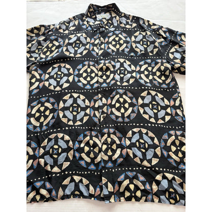 Vintage Natural Issue by Feldini Silk Geometric Print Shirt Men’s Large Black - thriftgoblin