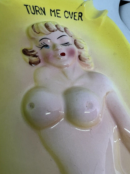 Vintage Nude Lady Turn Me Over Yellow Ashtray For Your Hot Butts And Ashes JAPAN - thriftgoblin