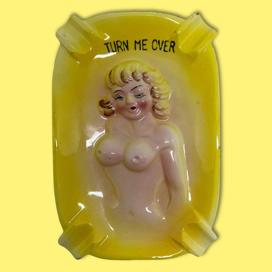 Vintage Nude Lady Turn Me Over Yellow Ashtray For Your Hot Butts And Ashes JAPAN - thriftgoblin