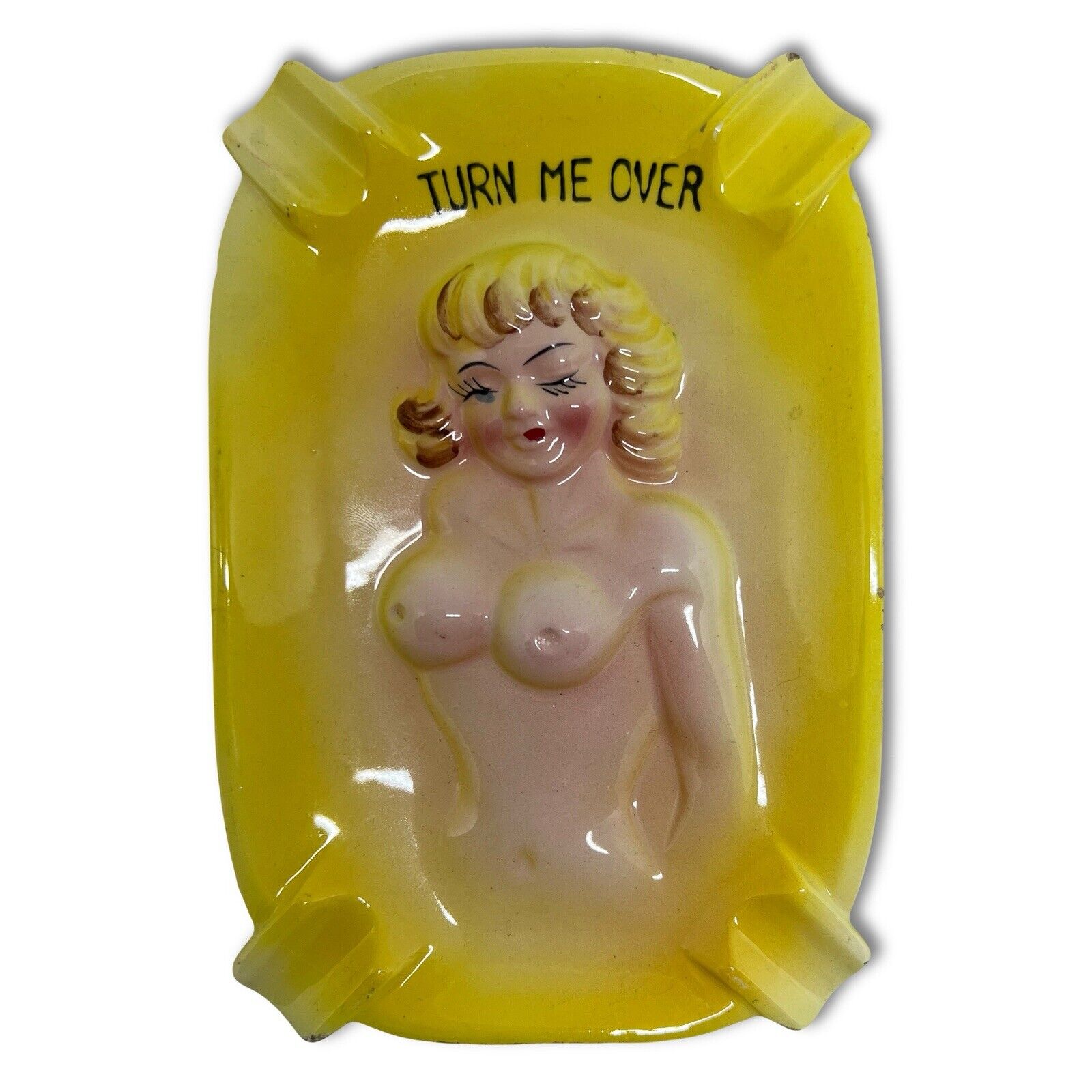 Vintage Nude Lady Turn Me Over Yellow Ashtray For Your Hot Butts And Ashes JAPAN - thriftgoblin