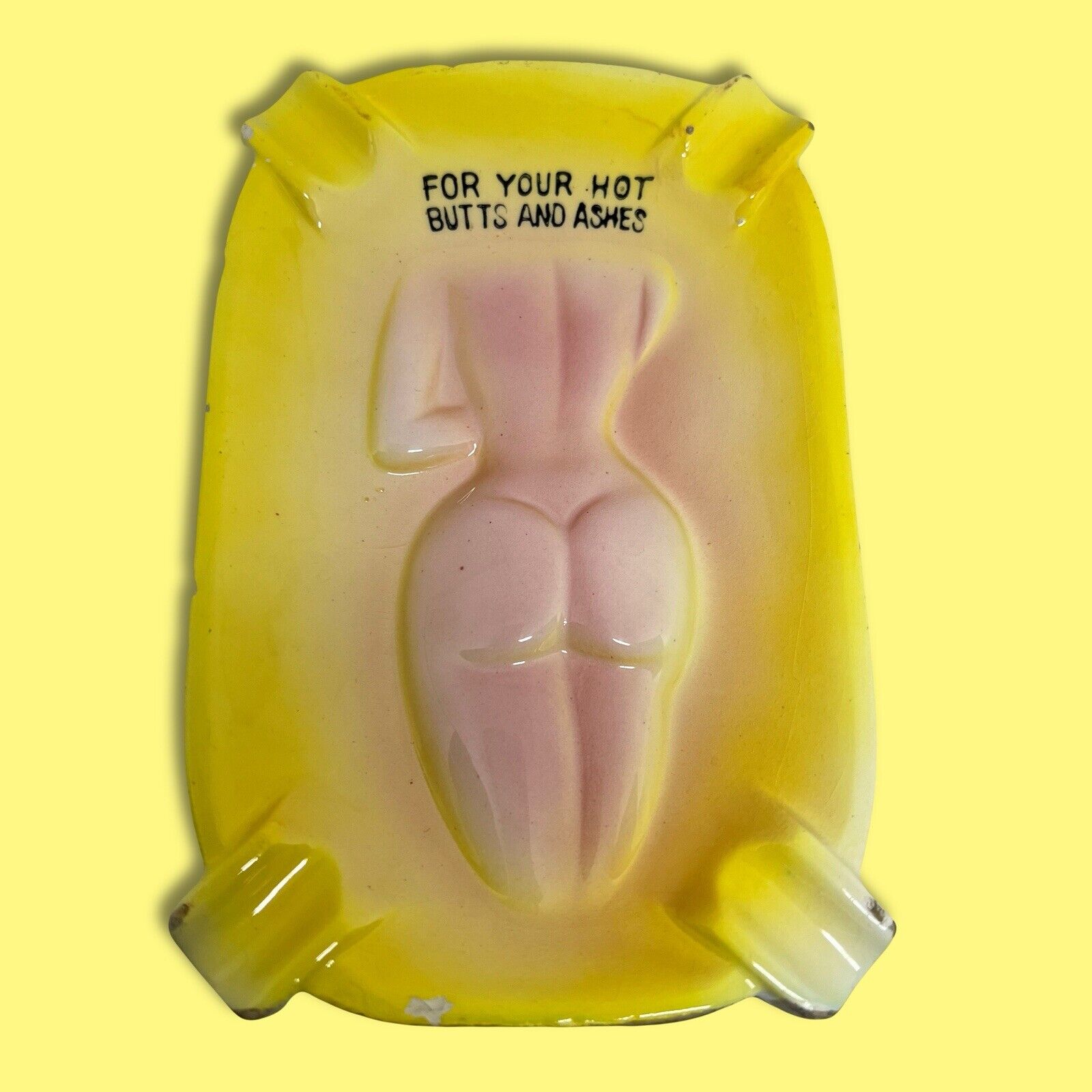 Vintage Nude Lady Turn Me Over Yellow Ashtray For Your Hot Butts And Ashes JAPAN - thriftgoblin