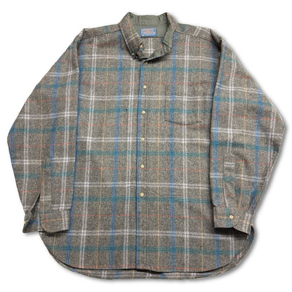 Vintage Pendleton Flannel Shirt Men Grey Pin Stripe Wool Plaid Large Pocket USA - thriftgoblin