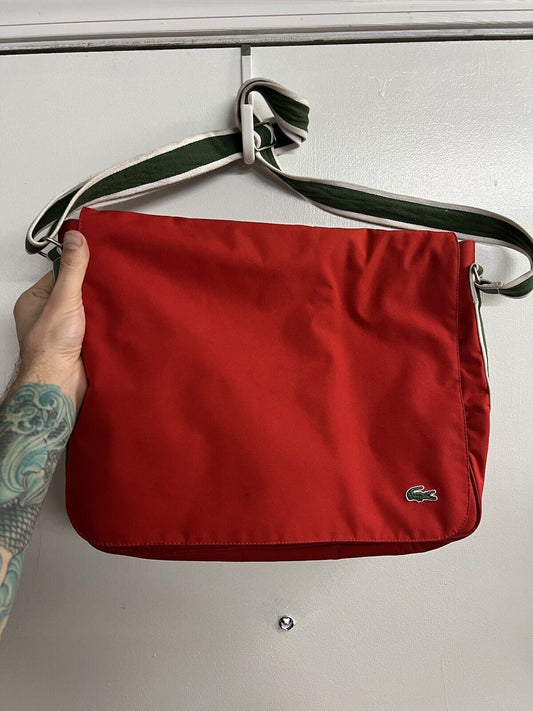 Vintage Red LACOSTE L71 Green Straps Medium MESSENGER BAG Casual 8 School Rare - thriftgoblin