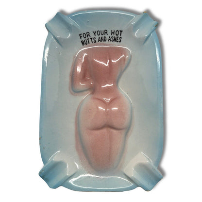 Vintage Risque Nude Lady Ashtray Turn Me Over for your Butts Ruby Nipples Japan - thriftgoblin