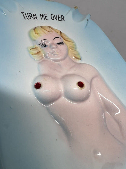 Vintage Risque Nude Lady Ashtray Turn Me Over for your Butts Ruby Nipples Japan - thriftgoblin