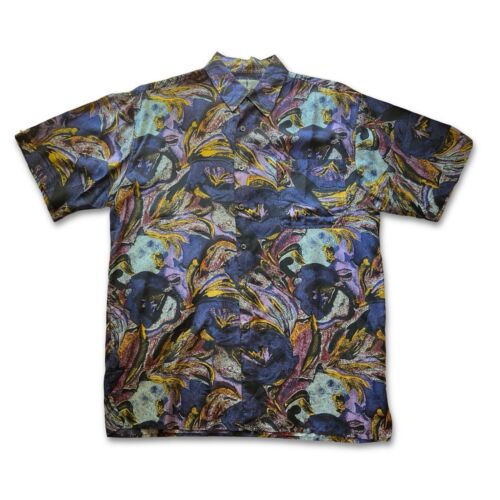 Vintage Robert Stock Mens Large Purple Green Blue Swirls Silk Button Down Top - thriftgoblin