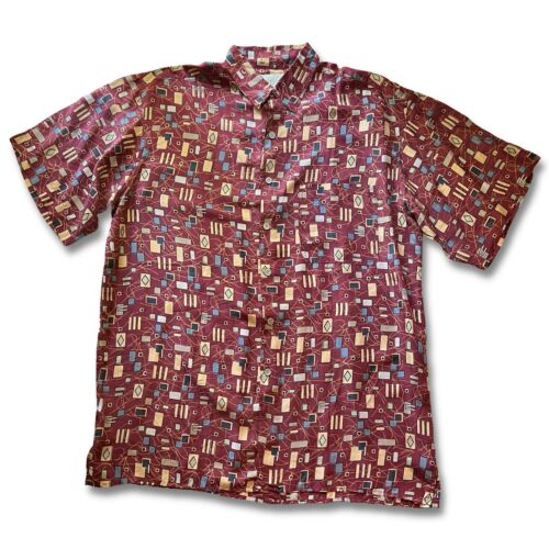 Vintage Robert Stock SILK THIN Shirt Mens XL Square Red Geometric Light Summer - thriftgoblin