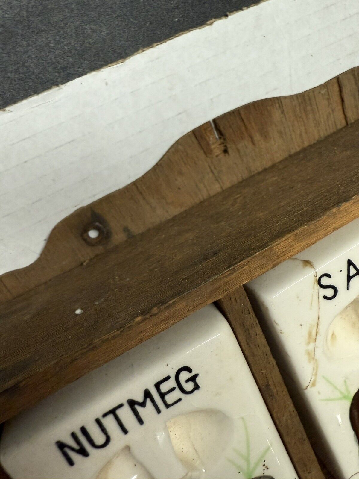 Vintage Spice Rack Ceramic Mushroom 6 Jar Set Wood Wall Japan 1950 Kitschy Decor - thriftgoblin