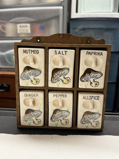 Vintage Spice Rack Ceramic Mushroom 6 Jar Set Wood Wall Japan 1950 Kitschy Decor - thriftgoblin