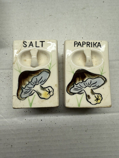 Vintage Spice Rack Ceramic Mushroom 6 Jar Set Wood Wall Japan 1950 Kitschy Decor - thriftgoblin