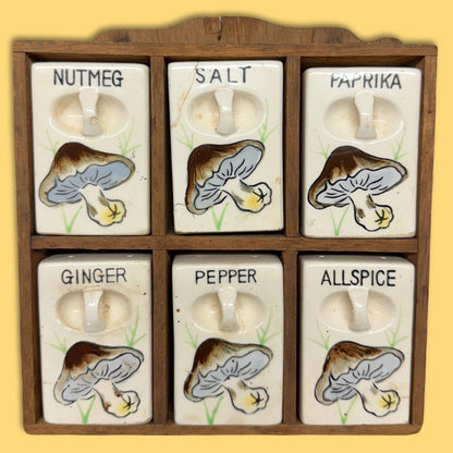 Vintage Spice Rack Ceramic Mushroom 6 Jar Set Wood Wall Japan 1950 Kitschy Decor - thriftgoblin