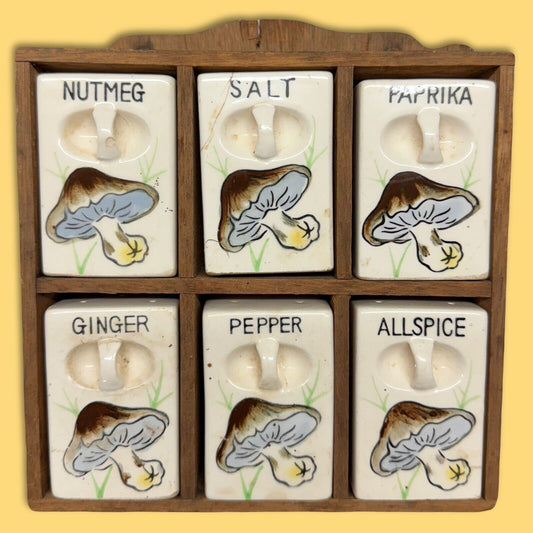 Vintage Spice Rack Ceramic Mushroom 6 Jar Set Wood Wall Japan 1950 Kitschy Decor - thriftgoblin