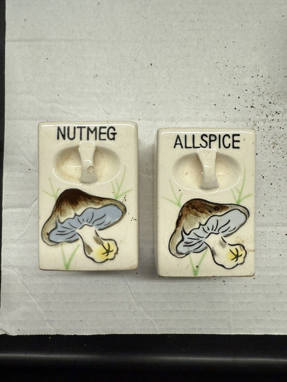 Vintage Spice Rack Ceramic Mushroom 6 Jar Set Wood Wall Japan 1950 Kitschy Decor - thriftgoblin