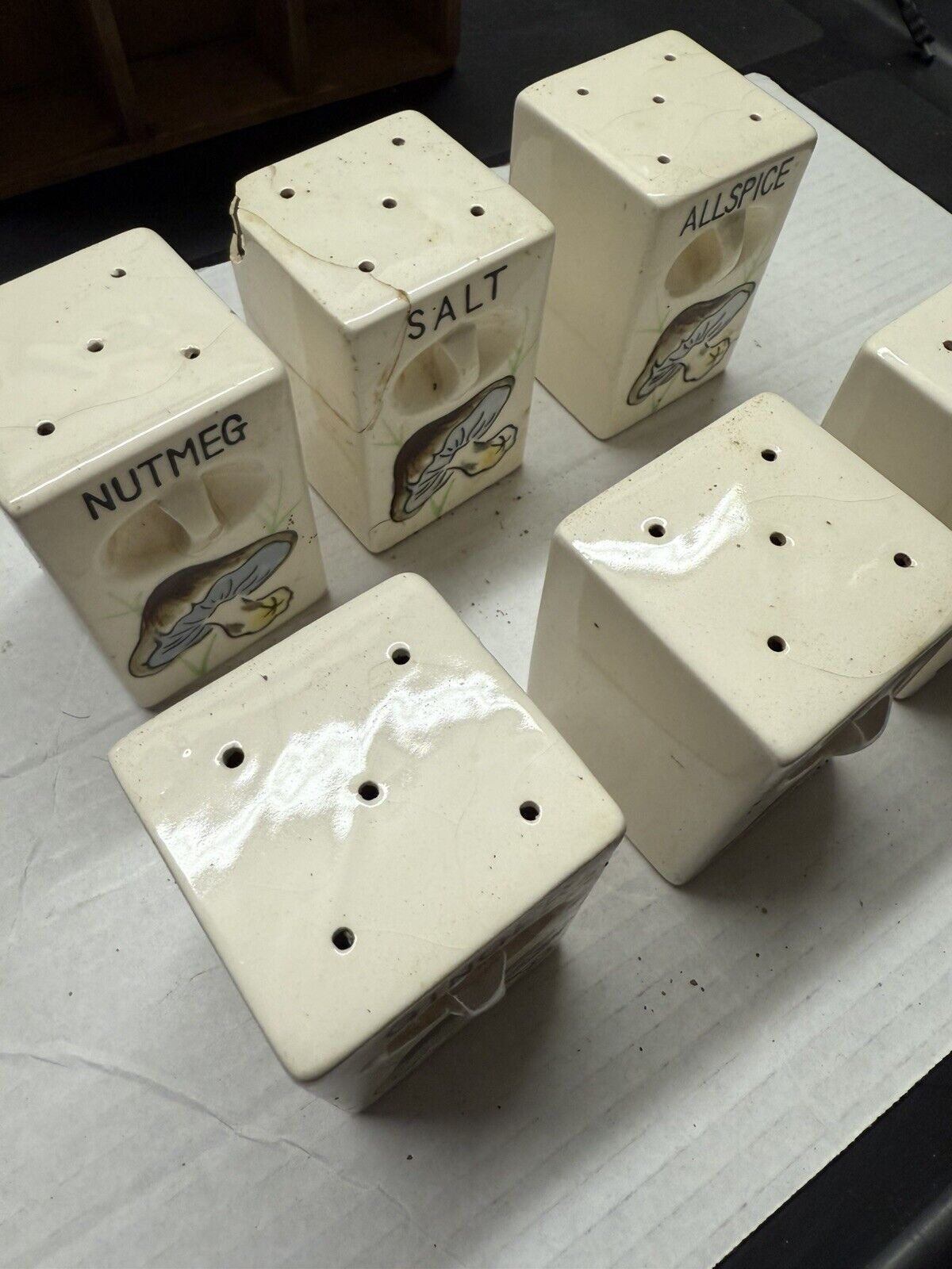 Vintage Spice Rack Ceramic Mushroom 6 Jar Set Wood Wall Japan 1950 Kitschy Decor - thriftgoblin