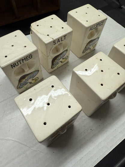 Vintage Spice Rack Ceramic Mushroom 6 Jar Set Wood Wall Japan 1950 Kitschy Decor - thriftgoblin