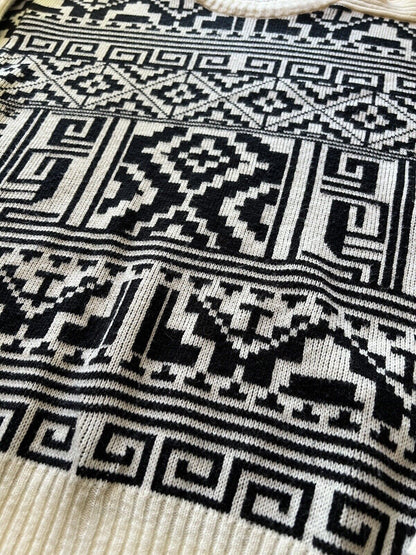 Vintage TJW Mervyn’s Black Geometric Acrylic Wool Sweater Crewneck 80s L Mens - thriftgoblin
