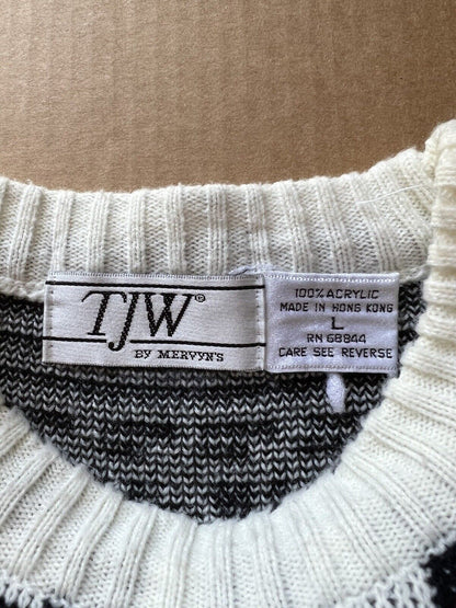Vintage TJW Mervyn’s Black Geometric Acrylic Wool Sweater Crewneck 80s L Mens - thriftgoblin
