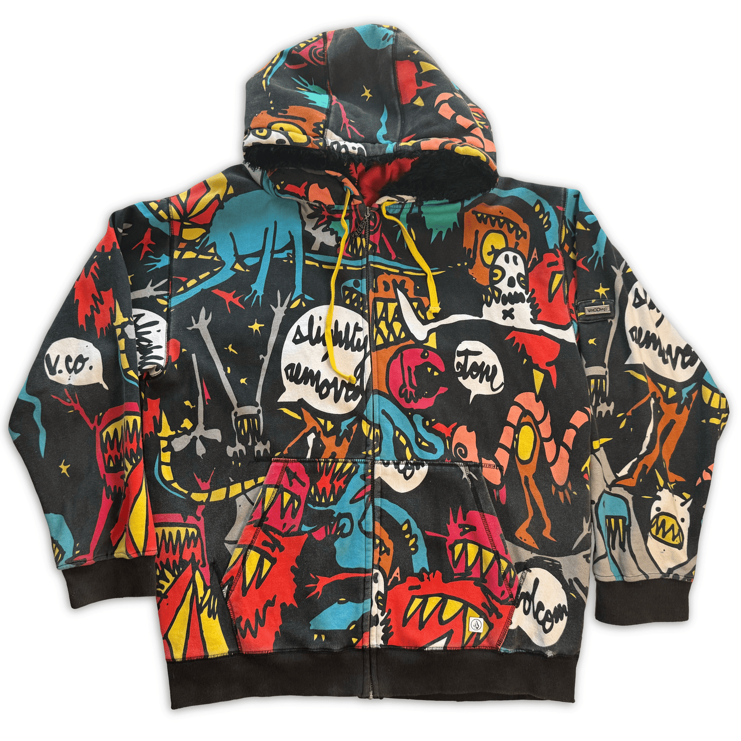 Volcom Big Monster Basic Zip Hoodie All Over Print Sherpa Lined XXL Skate Y2K - thriftgoblinTops