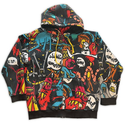 Volcom Big Monster Basic Zip Hoodie All Over Print Sherpa Lined XXL Skate Y2K - thriftgoblinTops