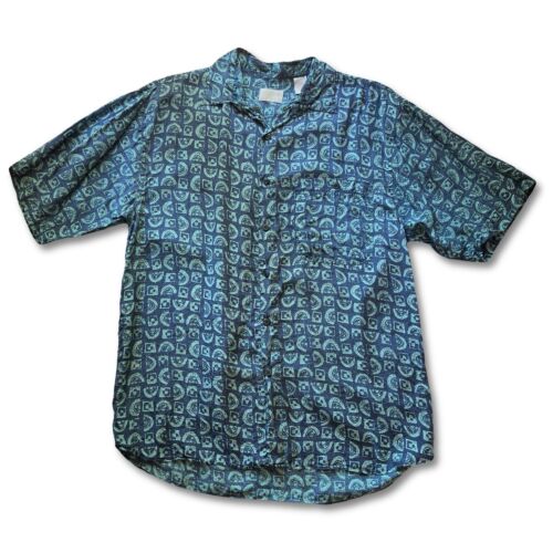 VTG Summa Silk Blue Gray Geometric Short Sleeve Button Down Shirt - Medium Mens - thriftgoblin