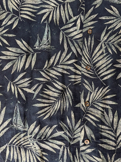 WOOLRICH Hawaii Shirt Blue Palm Trees Boats Mens Large s/s Button Up Woven - thriftgoblin