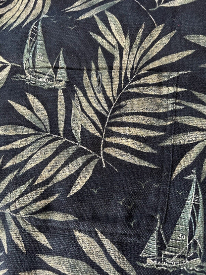 WOOLRICH Hawaii Shirt Blue Palm Trees Boats Mens Large s/s Button Up Woven - thriftgoblin