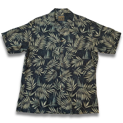 WOOLRICH Hawaii Shirt Blue Palm Trees Boats Mens Large s/s Button Up Woven - thriftgoblin