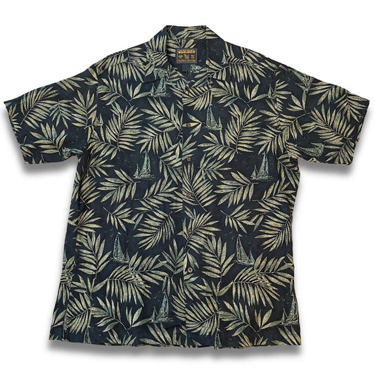 WOOLRICH Hawaii Shirt Blue Palm Trees Boats Mens Large s/s Button Up Woven - thriftgoblin
