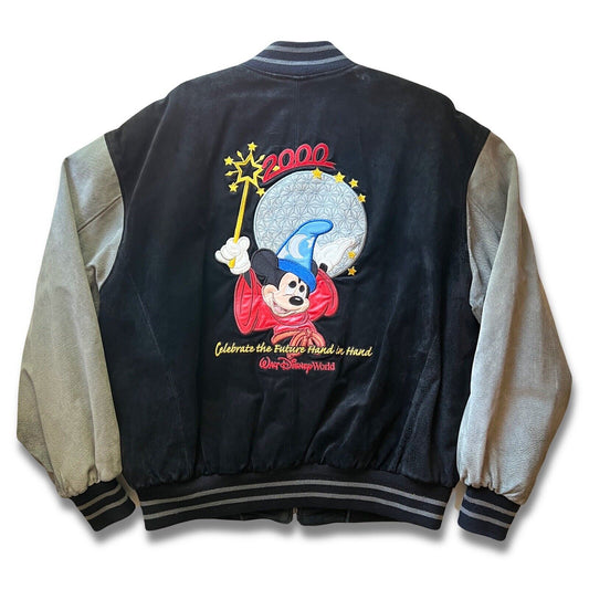Y2K Disney World Cast Member Sorcerer Mickey Suede Letterman L Jacket Disneyana - thriftgoblin