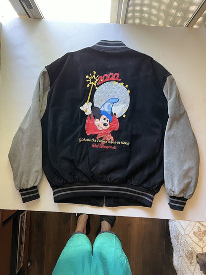 Y2K Disney World Cast Member Sorcerer Mickey Suede Letterman XL Jacket Disneyana - thriftgoblin