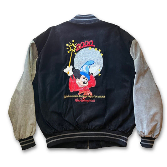 Y2K Disney World Cast Member Sorcerer Mickey Suede Letterman XL Jacket Disneyana - thriftgoblin